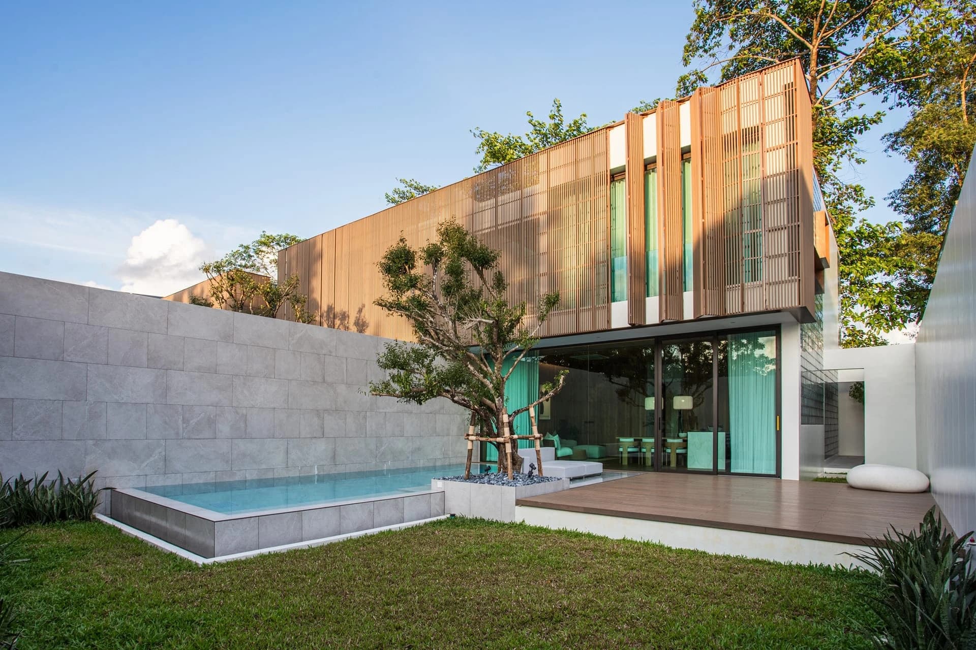 Lado jardín de la villa terminada: borde de piscina elevado, césped, deck de madera y el volumen de lamas encima