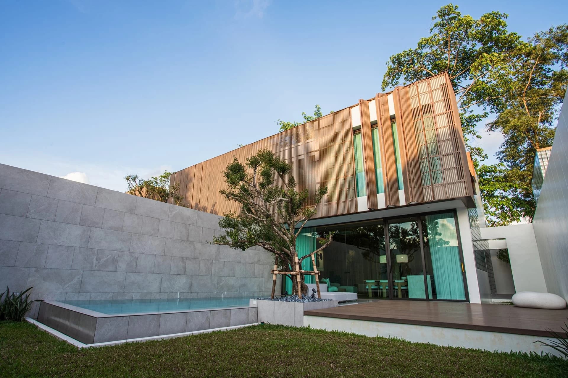 Garden elevation from a low angle: lawn, raised pool, deck and the slatted-timber upper floor