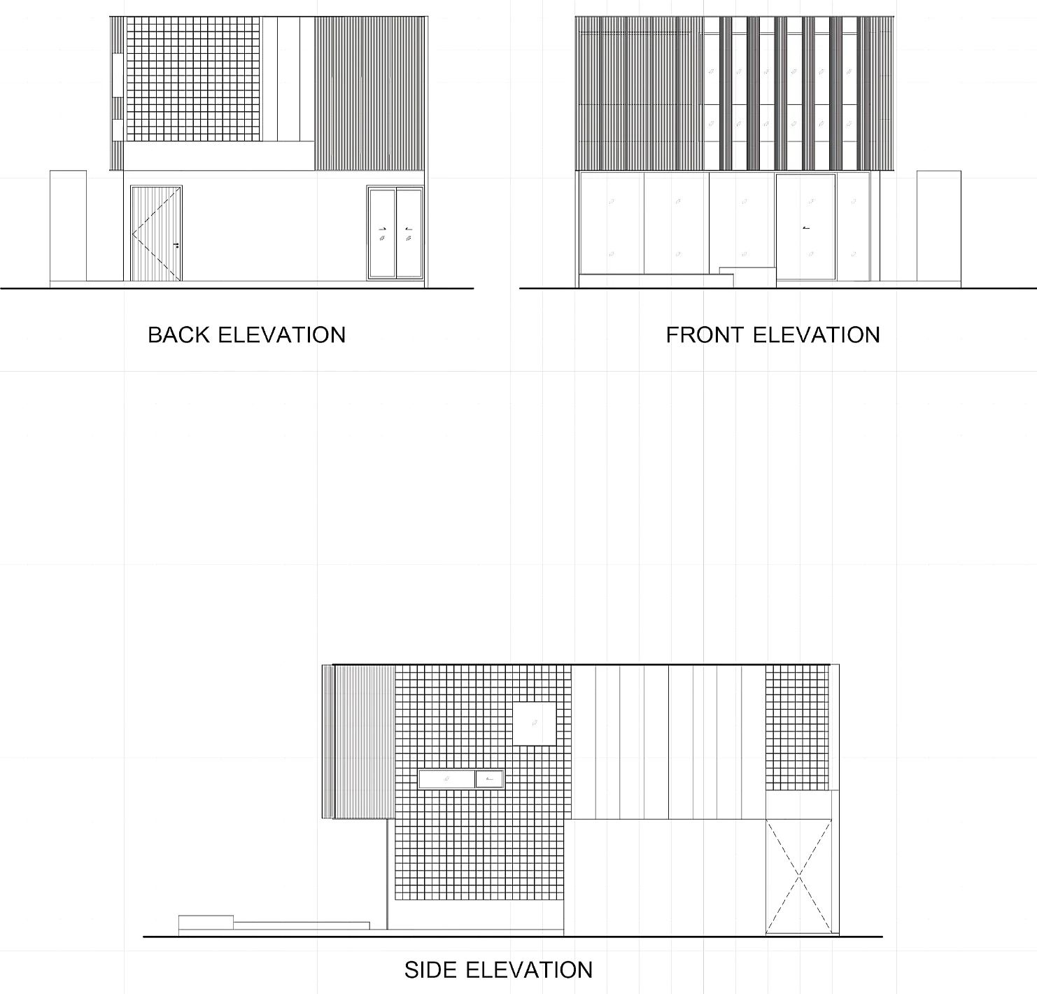 Back, front and side elevations of the villa with the glass-block and timber-slat walls
