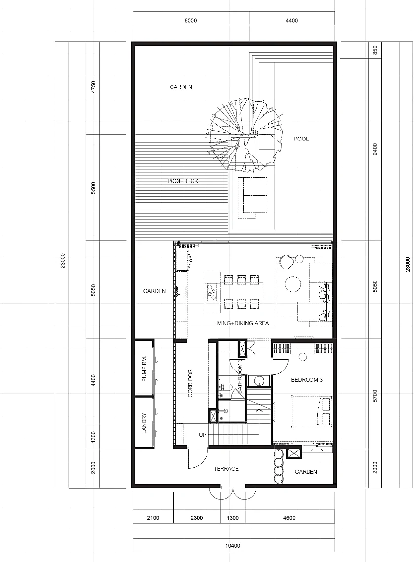 Ground-floor plan of a Phase 1 villa (A1–A6): pool, deck, living and dining, bedroom 3, terrace