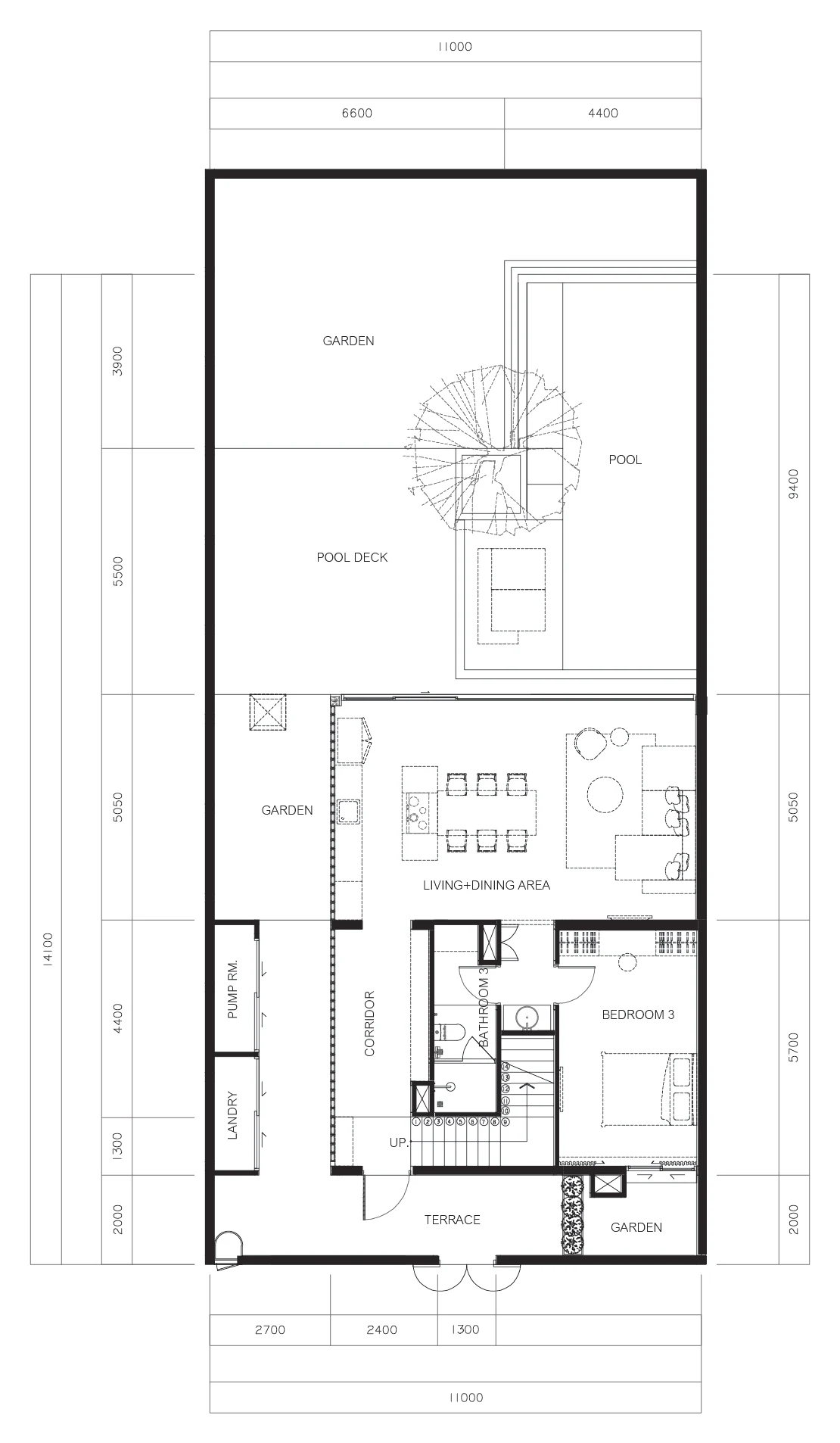 Ground-floor plan of a Phase 2 villa (B1–B5): pool, deck, living and dining, bedroom 3, terrace
